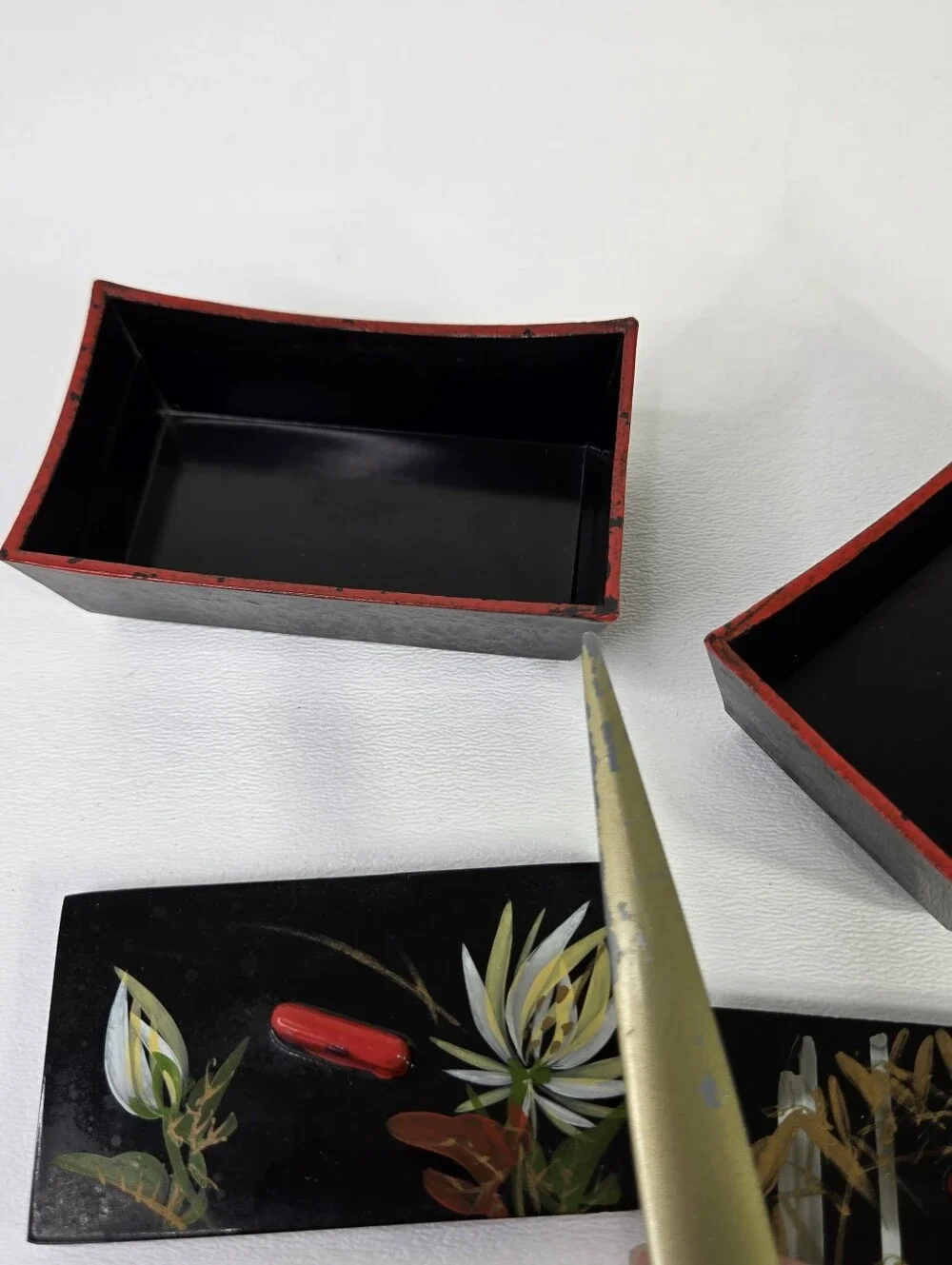 Vtg Japanese Lacquerware Box Set Urushi Maki-e Floral Bamboo Black Red Hand Pain